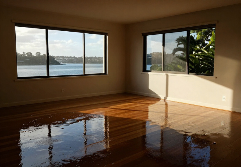 Flooded living room in Roseville Chase before restoration